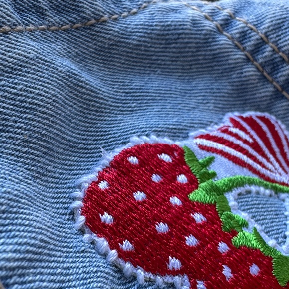Levi's Customized Blue Overalls with Hand-sewn Red and White Strawberry Details - Picture 15 of 16